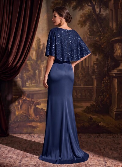 Trumpet/Mermaid Square Neckline 1/2 Sleeves Sweep Train Crepe Satin Mother Of The Bride Dresses With Split Front/Sequins