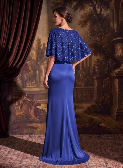 Trumpet/Mermaid Square Neckline 1/2 Sleeves Sweep Train Crepe Satin Mother Of The Bride Dresses With Split Front/Sequins