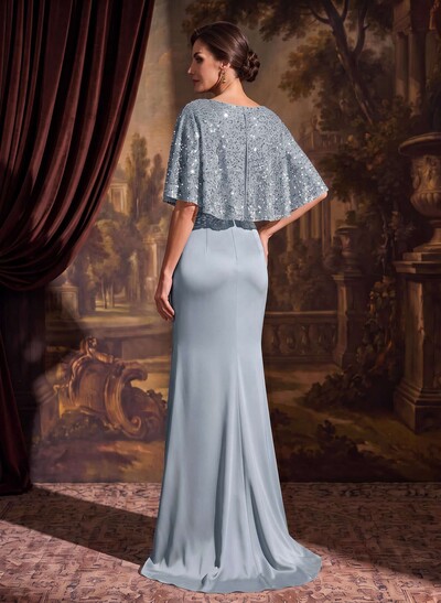 Trumpet/Mermaid Square Neckline 1/2 Sleeves Sweep Train Crepe Satin Mother Of The Bride Dresses With Split Front/Sequins