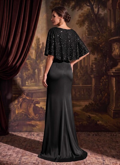 Trumpet/Mermaid Square Neck Half Sleeve Sweep Train Crepe Satin Mother Of The Bride Dress With Front Split And Sequins