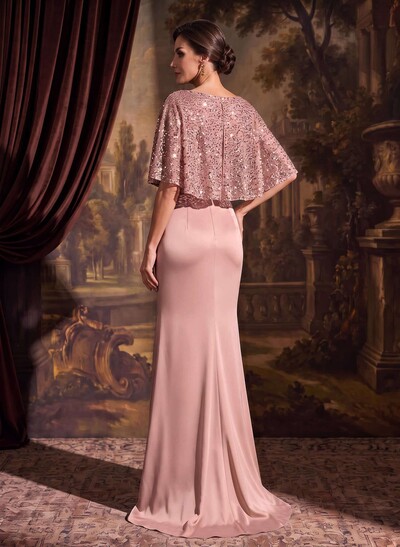 Trumpet/Mermaid Square Neck Half Sleeve Sweep Train Crepe Satin Mother Of The Bride Dress With Front Split And Sequins