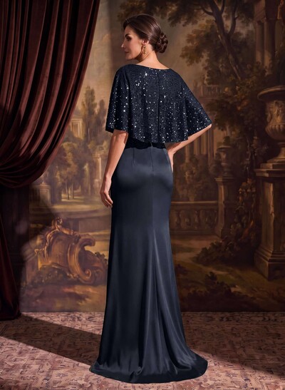 Trumpet/Mermaid Square Neck Half Sleeve Sweep Train Crepe Satin Mother Of The Bride Dress With Front Split And Sequins