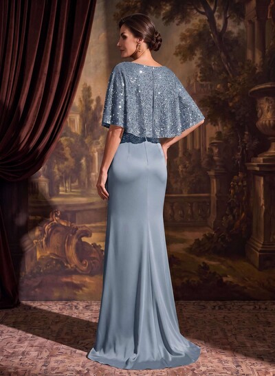 Trumpet/Mermaid Square Neckline Half Sleeve Sweep Train Crepe Satin Mother Of The Bride Dress With Front Slit And Sequins