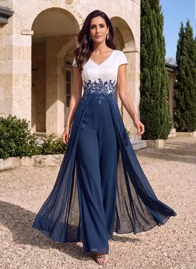 Jumpsuit / Pantsuit V-Neck Short Sleeve Floor-Length Satin/Chiffon Mother Of The Bride Dresses With Overskirt Dress/Lace Appliques
