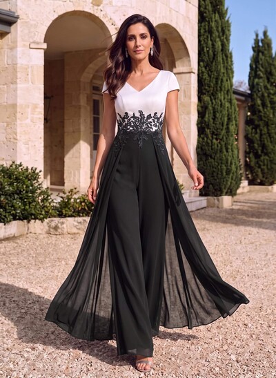 Jumpsuit/Trouser Suit V-Neck Short Sleeve Floor-Length Chiffon/Satin Mother of the Bride Dress with Lace Appliqué/Overskirt