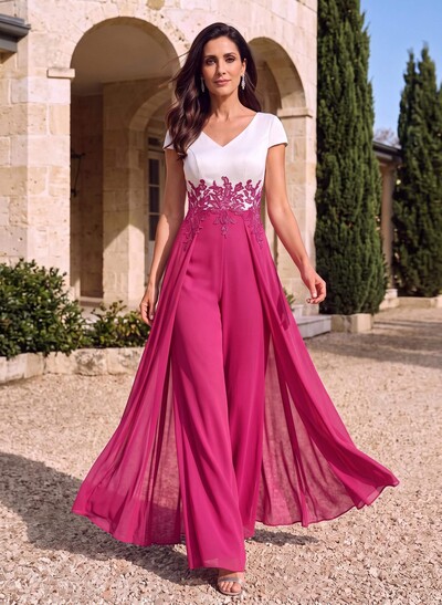 Jumpsuit/Pantsuit V-Neck Short Sleeves Floor-Length Chiffon/Satin Mother Of The Bride Dresses With Appliques Lace/Overskirt Dress