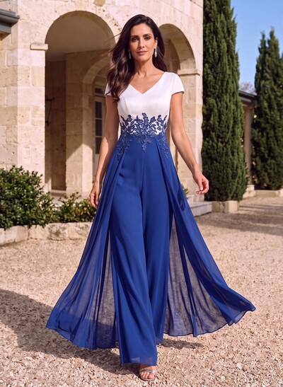 Jumpsuit/Pantsuit V-Neck Short Sleeves Floor-Length Chiffon/Satin Mother Of The Bride Dresses With Appliques Lace/Overskirt Dress