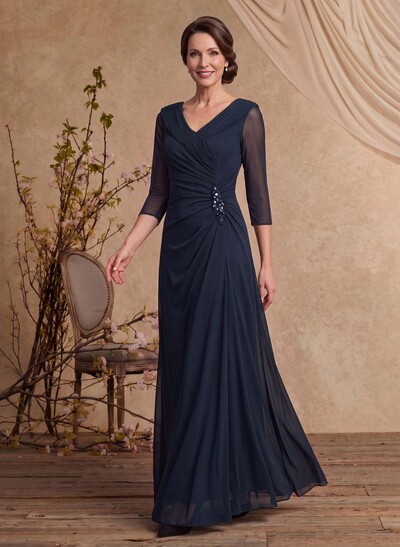 A-Line V-Neck 3/4 Sleeves Floor-Length Chiffon Mother Of The Bride Dresses With Rhinestone