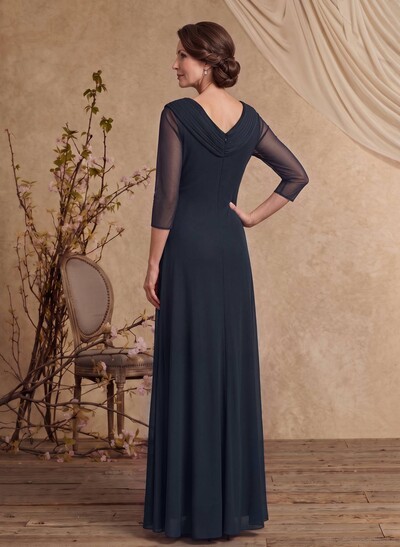 A-Line V-Neck 3/4 Sleeves Floor-Length Chiffon Mother Of The Bride Dresses With Rhinestone