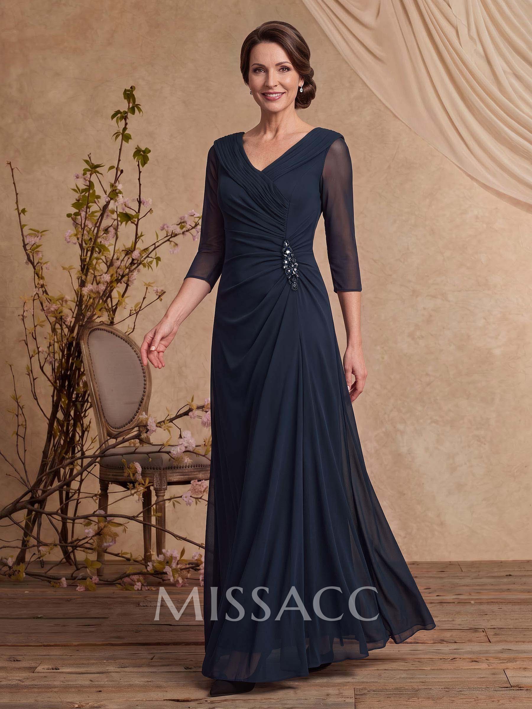 A-Line V-Neck 3/4 Sleeves Floor-Length Chiffon Mother Of The Bride Dresses With Rhinestone