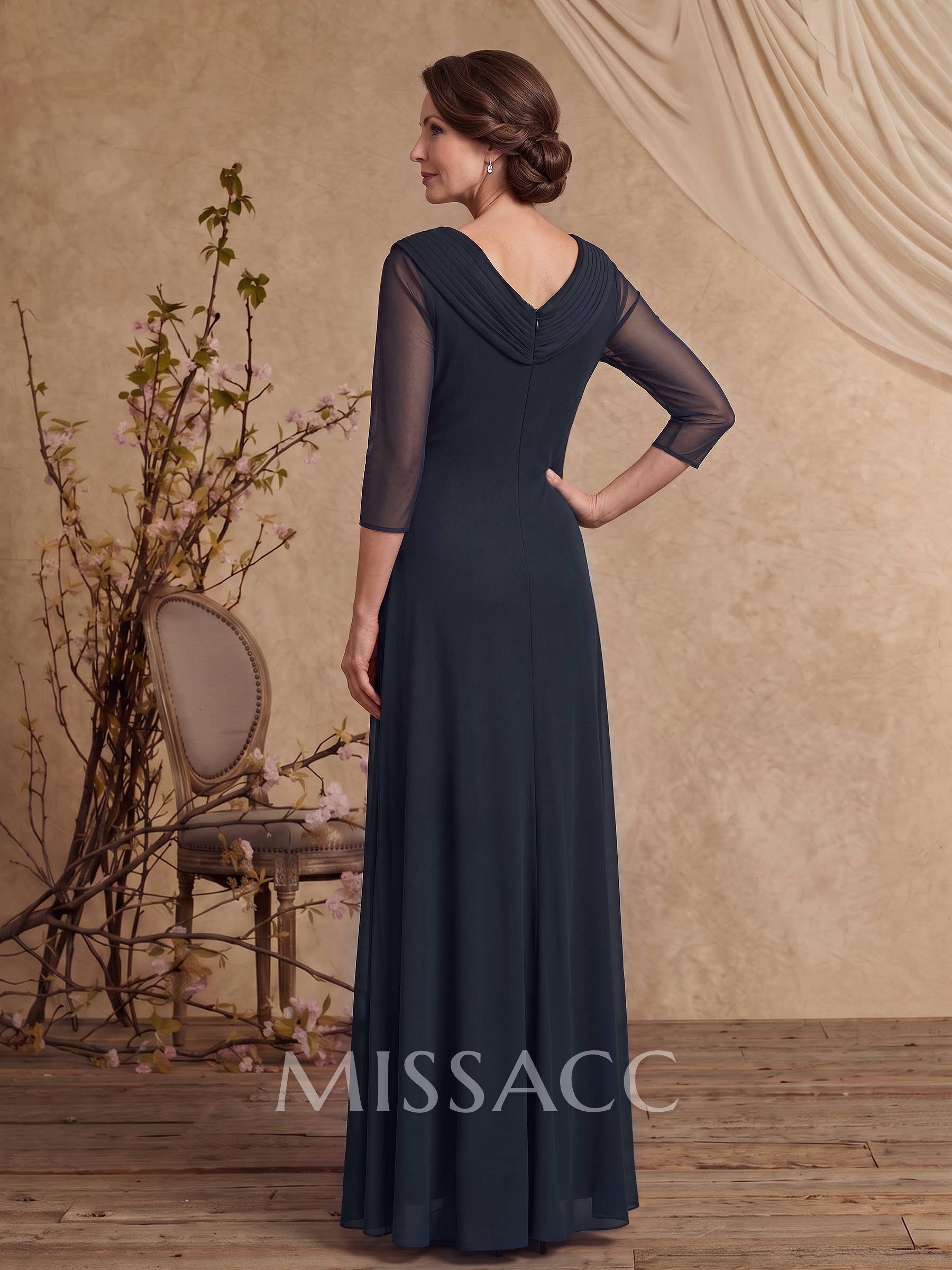 A-Line V-Neck 3/4 Sleeves Floor-Length Chiffon Mother Of The Bride Dresses With Rhinestone