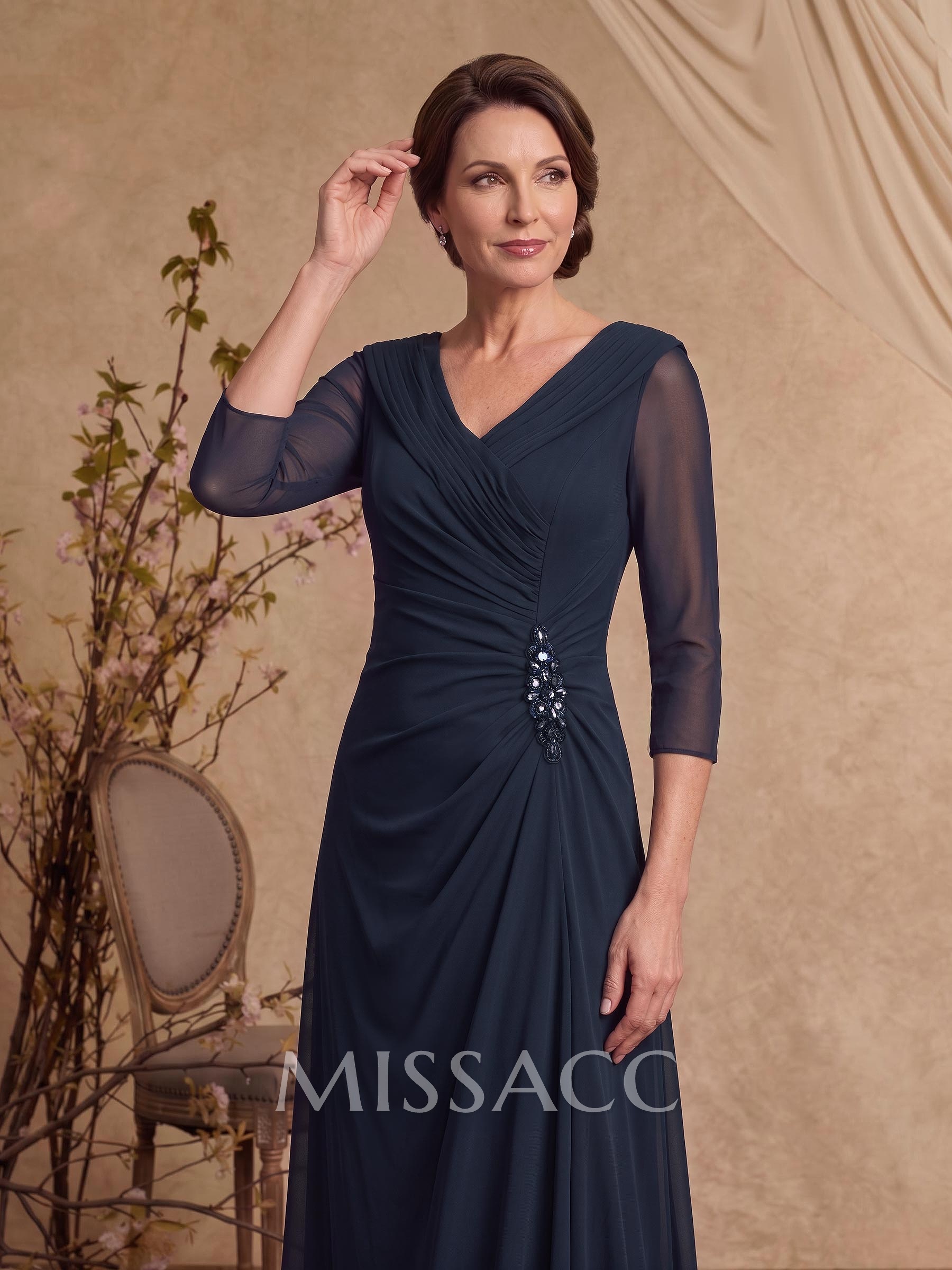 A-Line V-Neck 3/4 Sleeves Floor-Length Chiffon Mother Of The Bride Dresses With Rhinestone