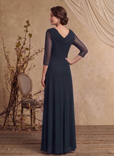A-Line V-Neck 3/4 Sleeve Floor-Length Chiffon Mother Of The Bride Dress With Diamanté