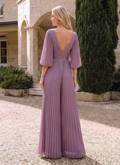 Jumpsuit / Pantsuit V-Neck Half Sleeves Floor-Length Chiffon Mother Of The Bride Dresses With