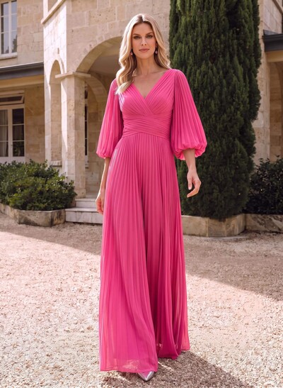 Jumpsuit/Pantsuit V-Neck 1/2 Sleeves Floor-Length Chiffon Mother Of The Bride Dresses