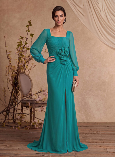 Sheath/Column Square Neckline Long Sleeves Sweep Train Chiffon Mother Of The Bride Dresses With Split Front/Flower
