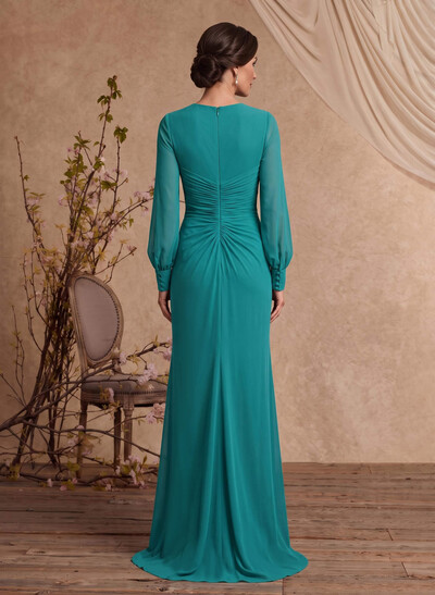 Sheath/Column Square Neckline Long Sleeves Sweep Train Chiffon Mother Of The Bride Dresses With Split Front/Flower