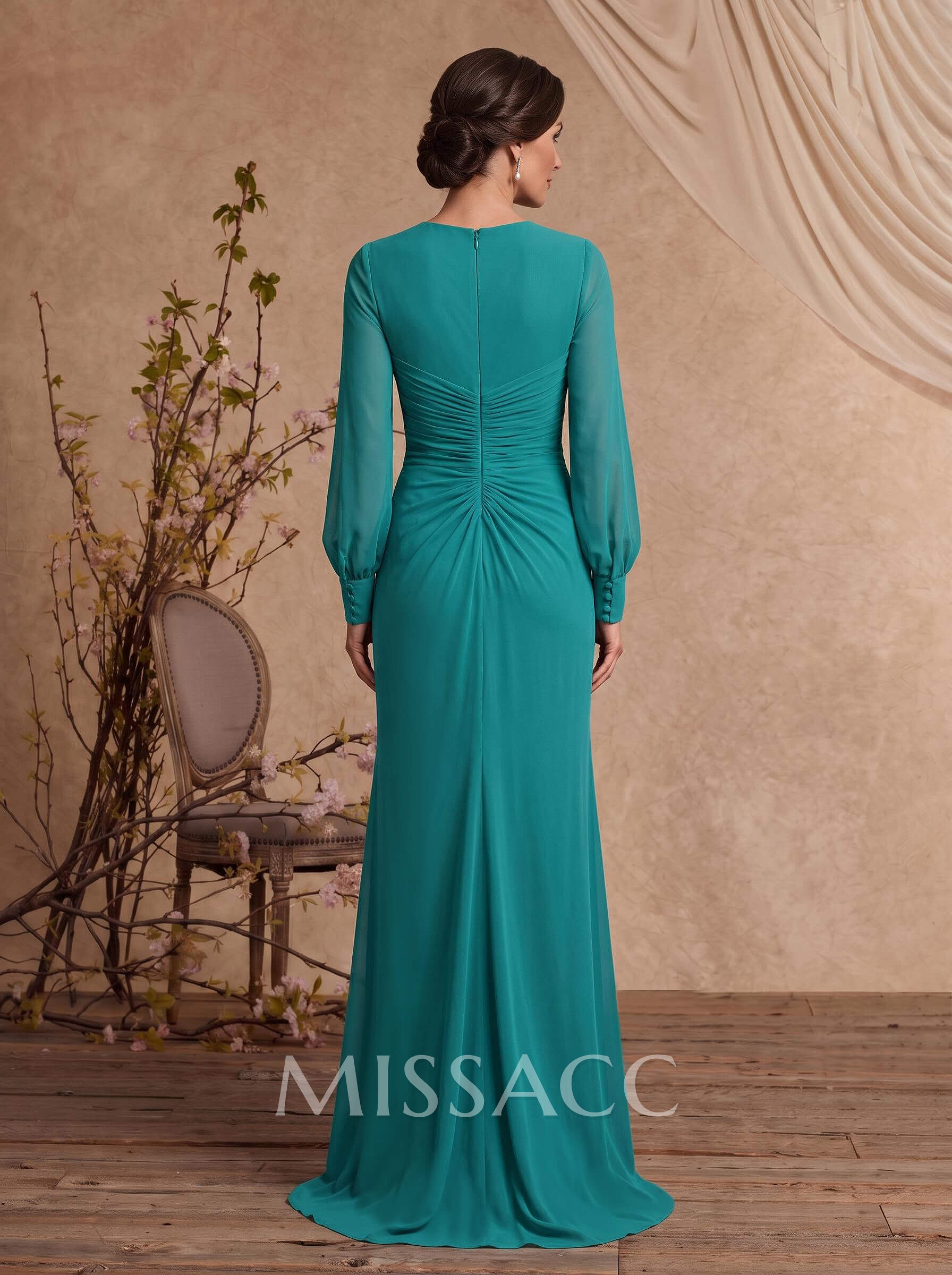Sheath/Column Square Neckline Long Sleeves Sweep Train Chiffon Mother Of The Bride Dresses With Split Front/Flower