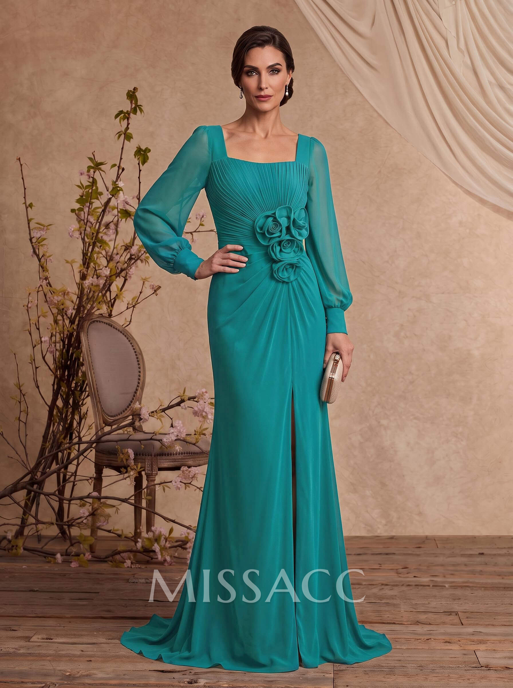 Sheath/Column Square Neckline Long Sleeves Sweep Train Chiffon Mother Of The Bride Dresses With Split Front/Flower