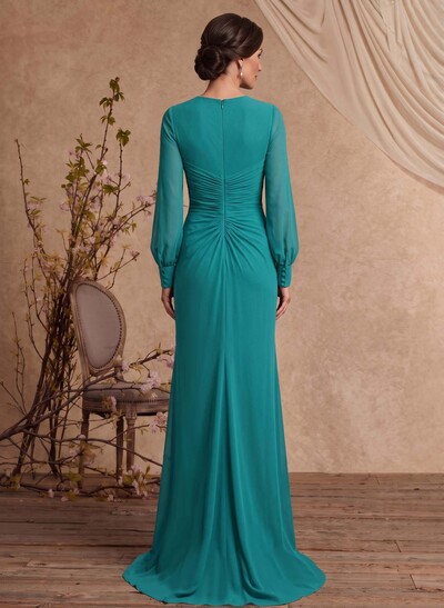 Sheath/Column Square Neckline Long Sleeve Shirts Sweep Train Chiffon Mother Of The Bride Dresses With Split Front/Flower