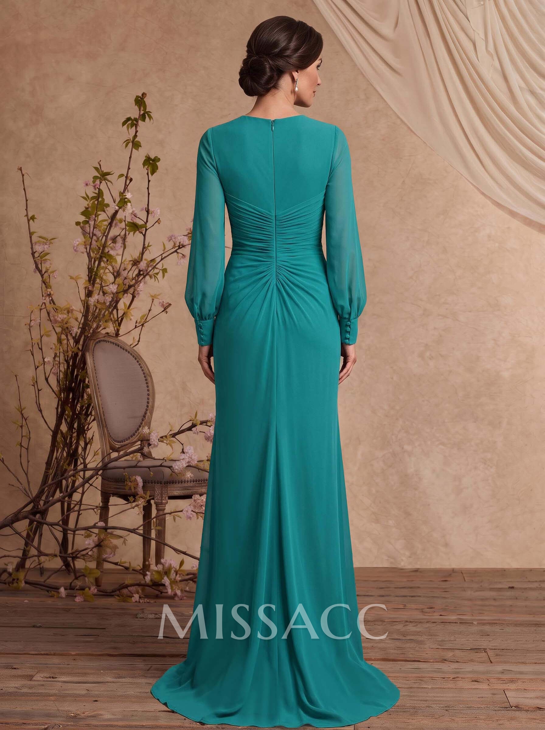Sheath/Column Square Neckline Long Sleeves Sweep Train Chiffon Mother Of The Bride Dresses With Split Front/Flower