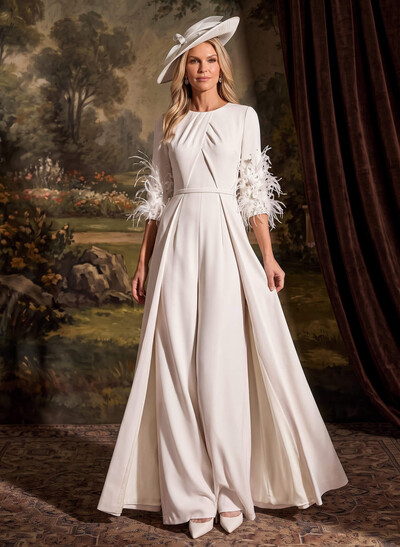 Jumpsuit/Pantsuit Scoop Neck 3/4 Sleeves Floor-Length Elastic Satin Evening Dresses With Sash/Overskirt Dress