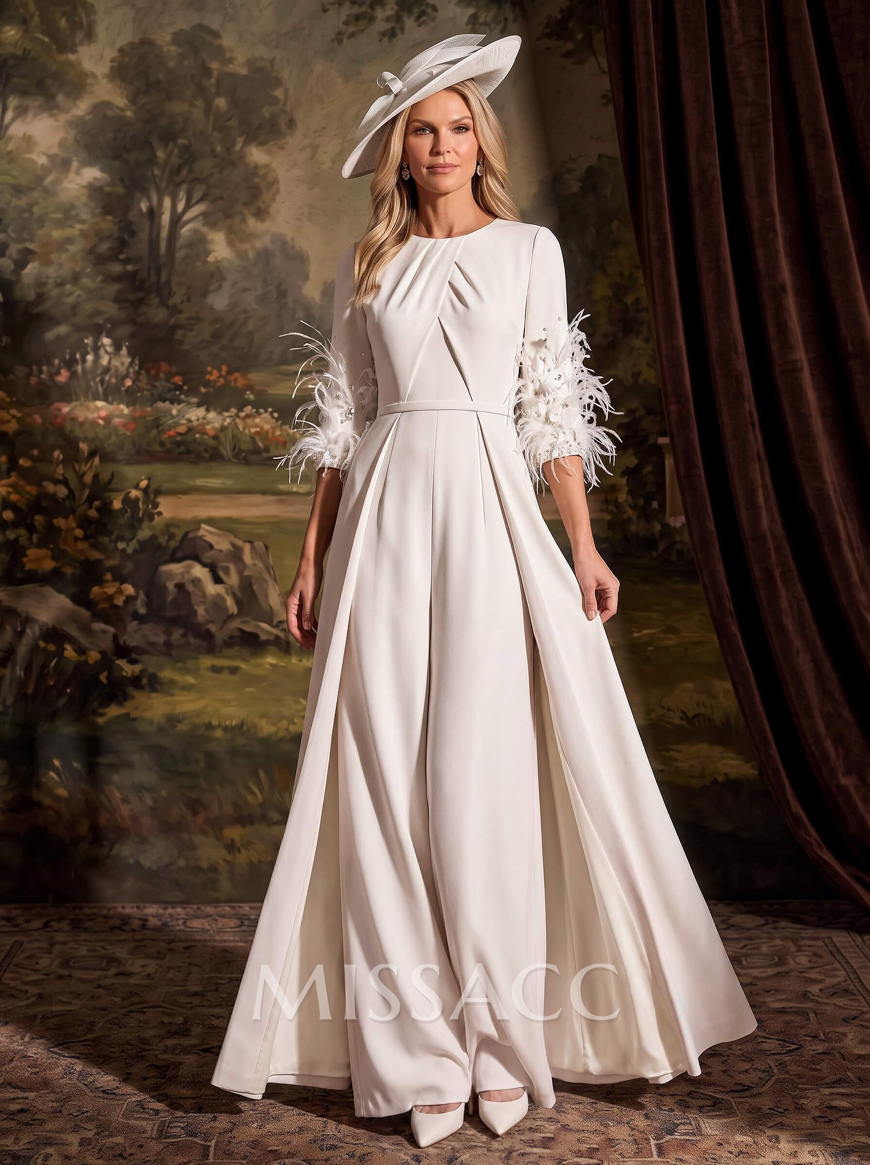 Jumpsuit/Pantsuit Scoop Neck 3/4 Sleeves Floor-Length Elastic Satin Mother Of The Bride Dresses With Sash/Overskirt Dress