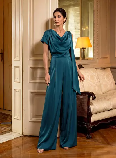 Jumpsuit/Pantsuit Cowl Neck Short Sleeve Floor-Length Stretch Satin Mother Of The Bride Outfit