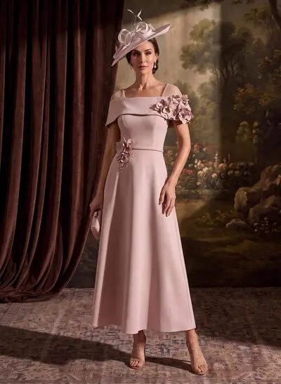 A-Line Off-The-Shoulder Sleeveless Ankle-Length Stretch Satin Mother Of The Bride Dresses With Bow/Flower