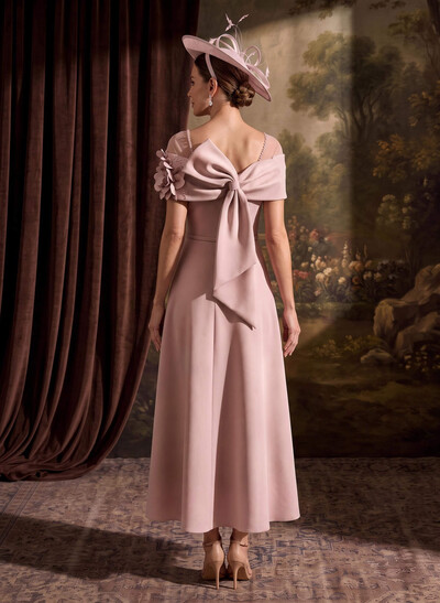 A-Line Off-The-Shoulder Sleeveless Ankle-Length Stretch Satin Mother Of The Bride Dresses With Bow/Flower