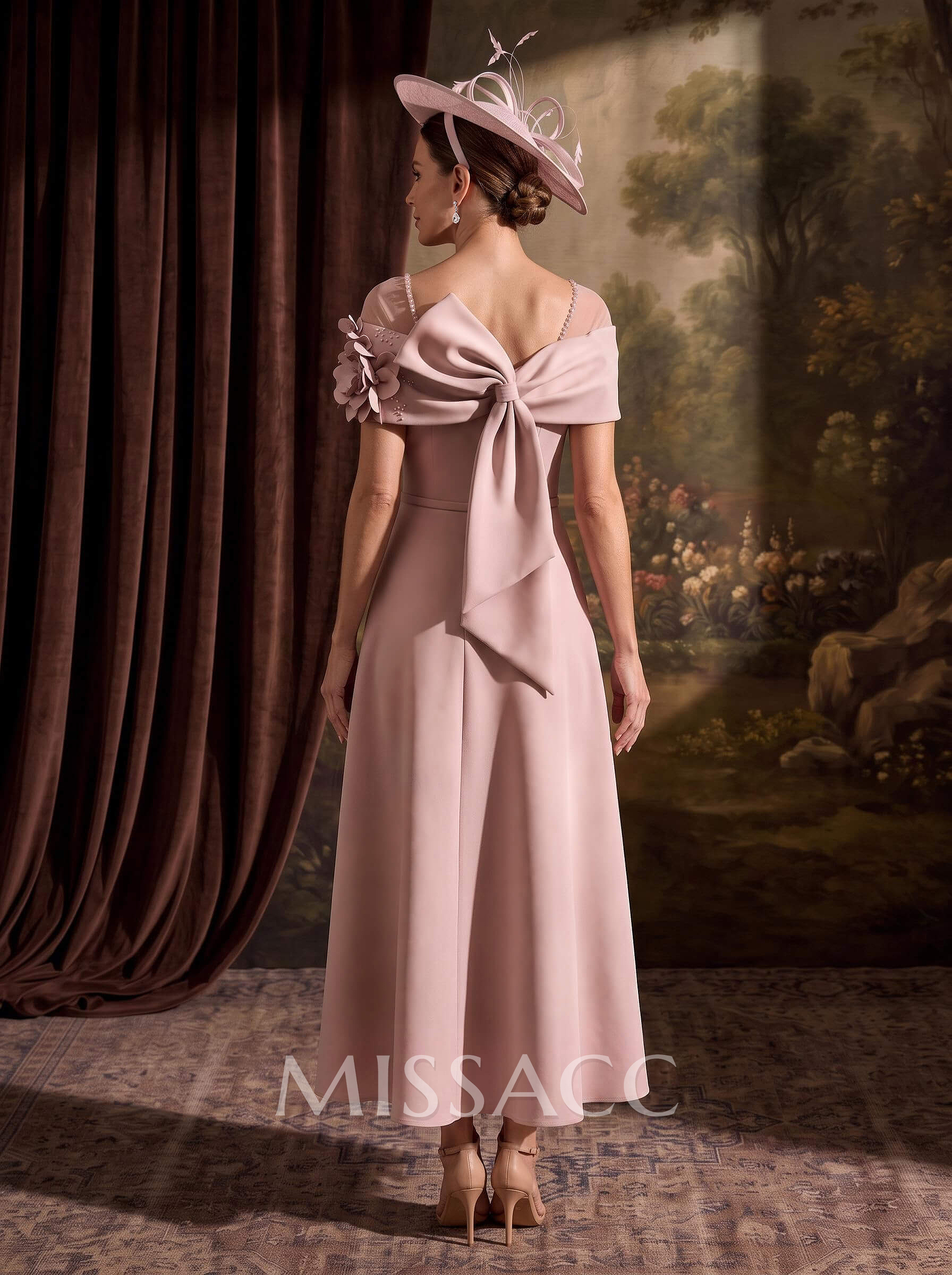 A-Line Off-The-Shoulder Sleeveless Ankle-Length Stretch Satin Mother Of The Bride Dresses With Bow/Flower