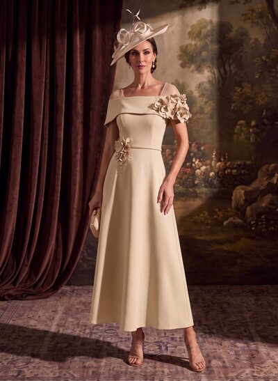 A-Line Off-The-Shoulder Sleeveless Ankle-Length Elastic Satin Mother Of The Bride Dresses With Bow/Flower