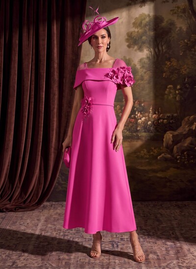A-Line Off-The-Shoulder Sleeveless Ankle-Length Elastic Satin Mother Of The Bride Dresses With Bow/Flower