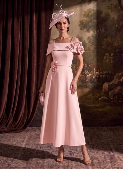 A-Line Off-The-Shoulder Sleeveless Ankle-Length Elastic Satin Mother Of The Bride Dresses With Bow/Flower