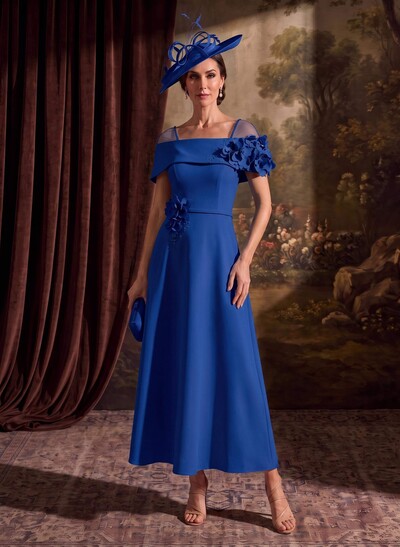A-Line Off-The-Shoulder Sleeveless Ankle-Length Stretch Satin Mother of the Bride Dresses with Bow/Flower