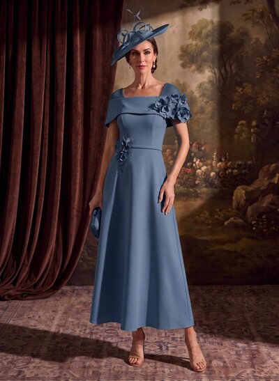 A-Line Off-The-Shoulder Sleeveless Ankle-Length Stretch Satin Mother of the Bride Dresses with Bow/Flower