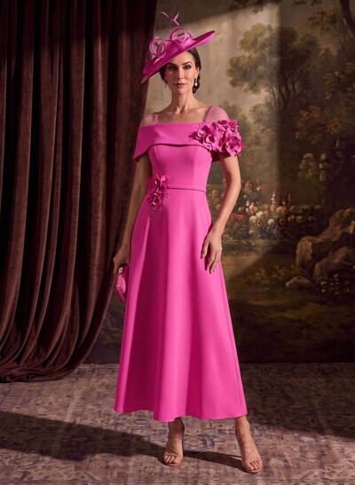 A-Line Off-The-Shoulder Sleeveless Ankle-Length Elastic Satin Mother Of The Bride Dresses With Bow/Flower