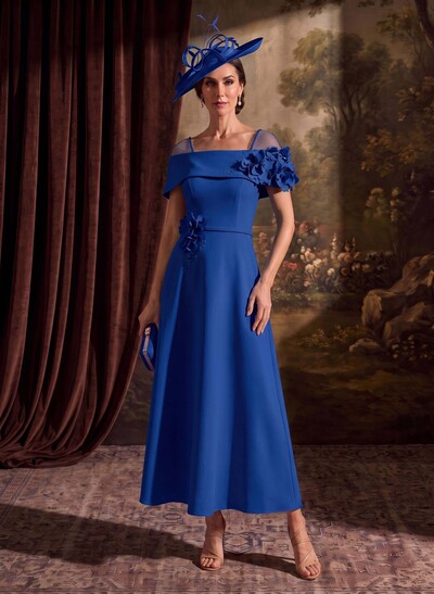A-Line Off-The-Shoulder Sleeveless Ankle-Length Elastic Satin Mother Of The Bride Dresses With Bow/Flower