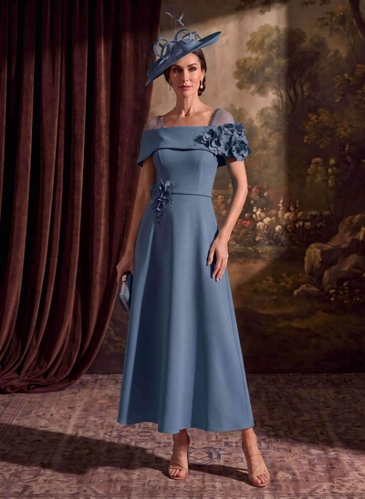 A-Line Off-The-Shoulder Sleeveless Ankle-Length Stretch Satin Mother Of The Bride Dresses With Bow/Flower