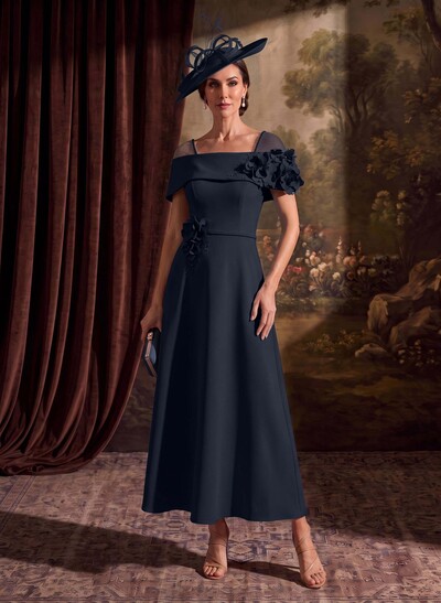A-Line Off-The-Shoulder Sleeveless Ankle-Length Stretch Satin Mother Of The Bride Dresses With Bow/Flower