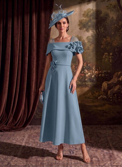 A-Line Off-The-Shoulder Sleeveless Ankle-Length Elastic Satin Mother Of The Bride Dresses With Bow/Flower