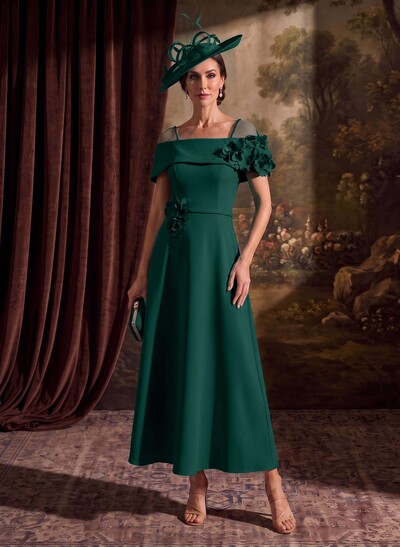 A-Line Off-The-Shoulder Sleeveless Ankle-Length Elastic Satin Mother Of The Bride Dresses With Bow/Flower