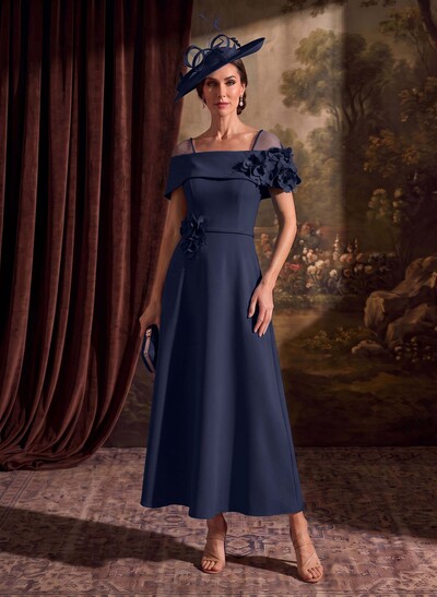A-Line Off-The-Shoulder Sleeveless Ankle-Length Elastic Satin Mother Of The Bride Dresses With Bow/Flower
