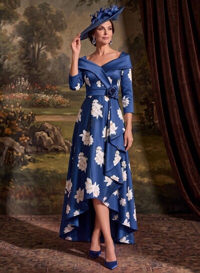A-Line V-Neck 3/4 Sleeves Asymmetrical Satin Mother Of The Bride Dresses With Floral-Print
