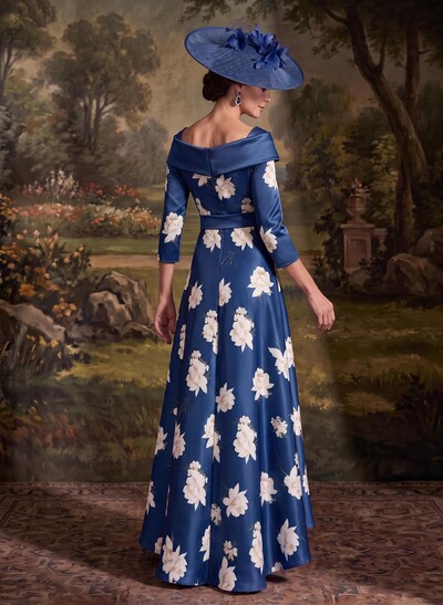 A-Line V-Neck 3/4 Sleeves Asymmetrical Satin Mother Of The Bride Dresses With Floral-Print