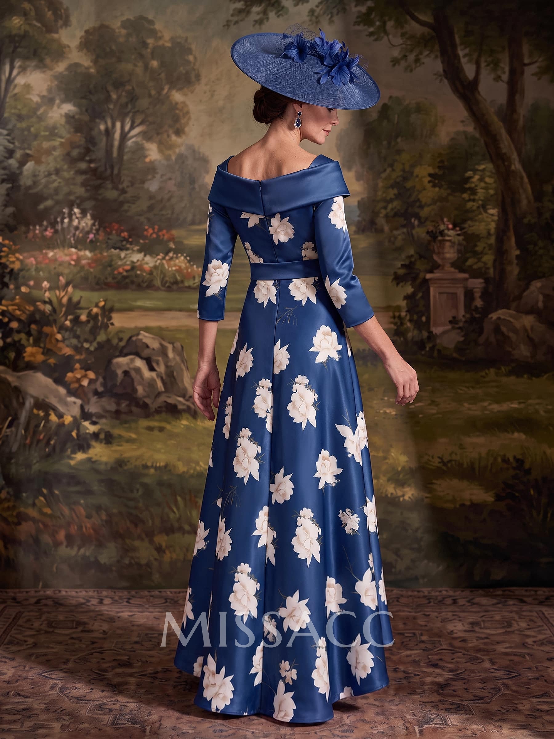 A-Line V-Neck 3/4 Sleeves Asymmetrical Satin Mother Of The Bride Dresses With Floral-Print