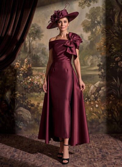 Sheath/Column Off-The-Shoulder Sleeveless Ankle-Length Satin Mother Of The Bride Dresses With Bow/Overskirt Dress