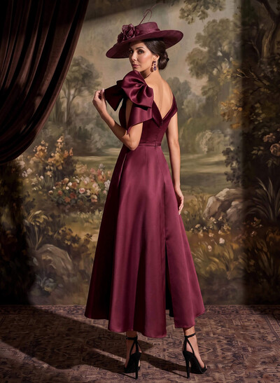 Sheath/Column Off-The-Shoulder Sleeveless Ankle-Length Satin Mother Of The Bride Dresses With Bow/Overskirt Dress