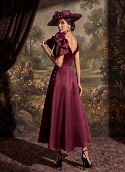 Sheath/Column Off-The-Shoulder Sleeveless Ankle-Length Satin Mother Of The Bride Dresses With Bow/Overskirt Dress