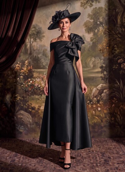 Satin Sheath Off-The-Shoulder Sleeveless Ankle-Length Mother Of The Bride Dress With Bow/Overskirt
